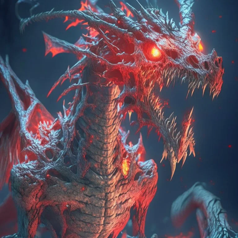 Giant horrific zombie dragon made of bones and vein, covered with glowing red slime, photorealistic, unreal engine 5, masterpiece, trending on artstation