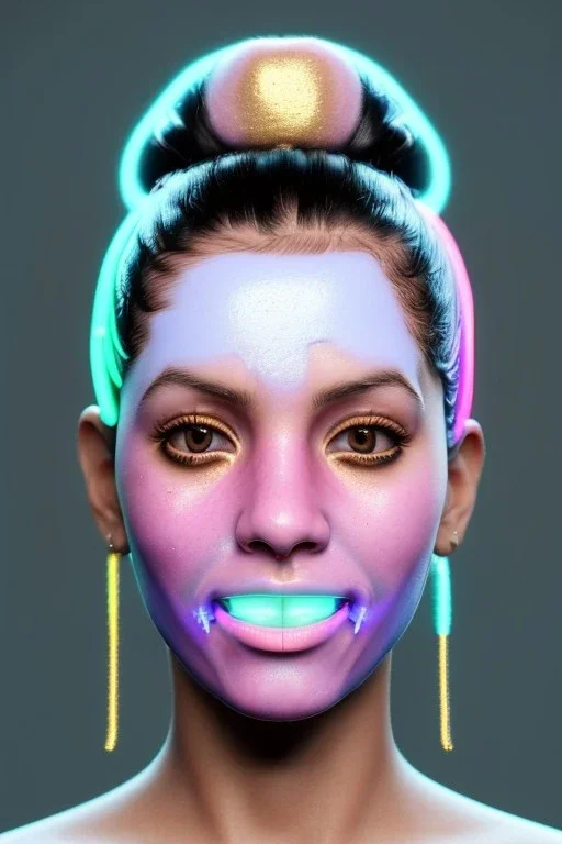 Ultra Realistic image, Rosalía artist, smile portrait, waist up portrait, long black eye line, sweet face, gold pink and blue geisha style, spray glow make up, led lights, neon, gold piercing nose, gold teeth, led ornament, glow pink iris, fog, oversized bubble latex coat, vibrant color, highly detailed, art stations, concept art, smooth, unreal engine 5, god rays, ray tracing, RTX, lumen lighting, ultra detail, volumetric lighting, 3d, finely drawn, high definition, high resolution.