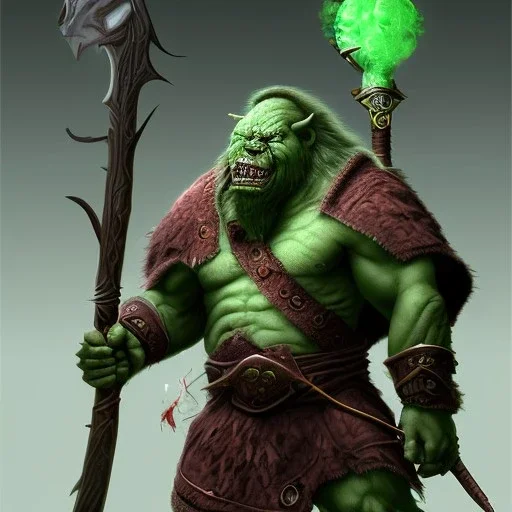 orc mage, Height 200cm, Weight 150kg, Skin color green, Has predator-like eyes, fangs, and claws, He holds an old cane in both hands. Kills humans with ferocious accuracy, Intelligence is that of a human child. Wears robes of crude cloth