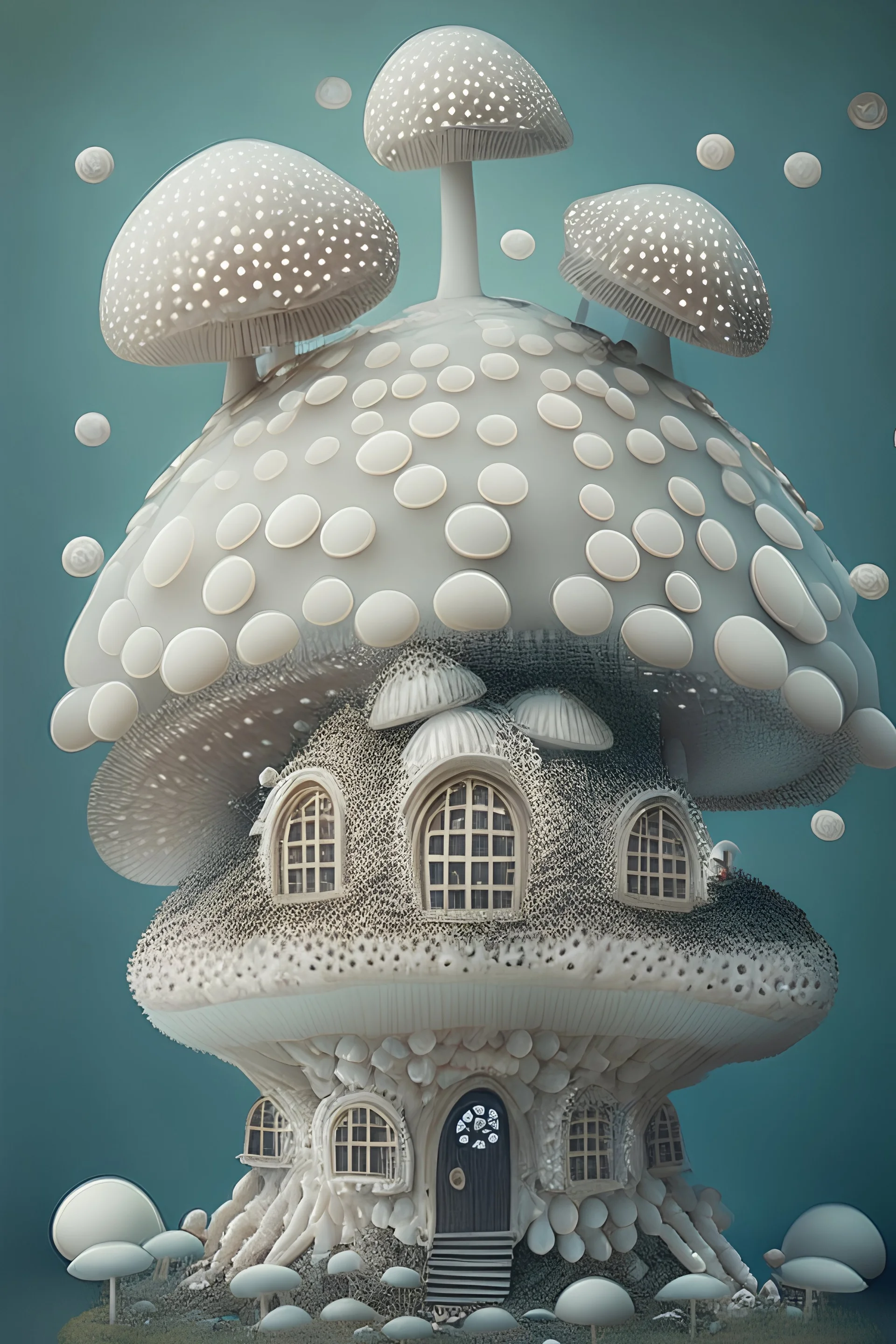 Maison en forme de champignon entouré de perles réaliste