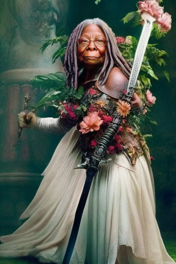 [Whoopi Goldberg] Without a moment's hesitation, Agatha, wielding her sword adorned with carved flowers, seized the opportunity. With a swift and precise movement, she struck beneath the tyrant's shoulder, piercing through his defenses and driving him to his knees.