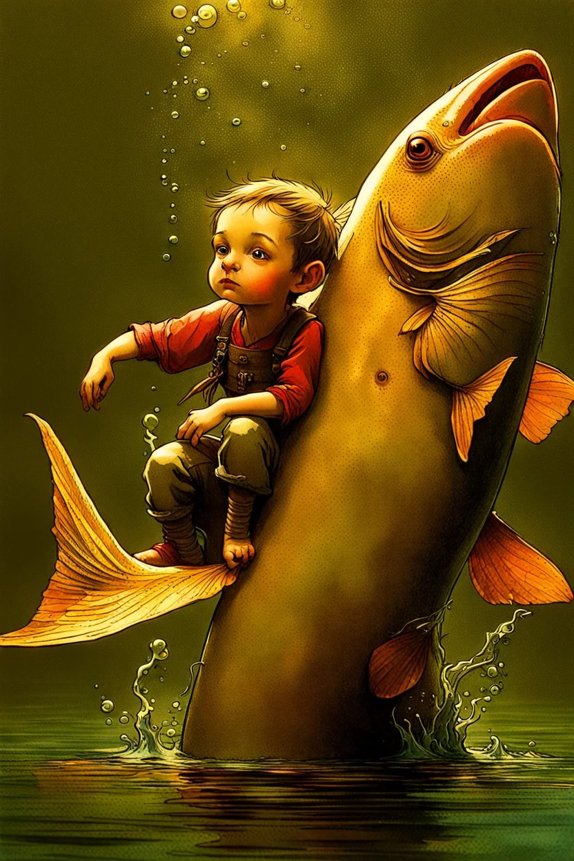 Masterpiece, ((Ottfried Preußler, the little water sprite)) the young little water sprite (boy) is sitting on the back of a big huge carp (fish) and glides with him under the water complete figure, flawless, full body shot, by Baptiste Monge, by Daniel Merriam, by Brian Froud, by Beatrix Potter, by Nicoletta Ceccoli, by Kinuko Y. Craft, by David Laurence, by Arcimboldo