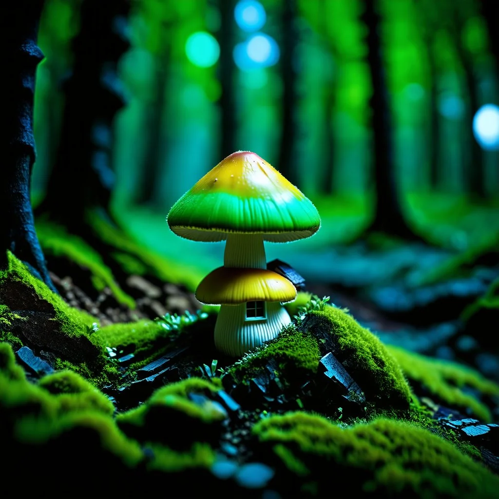 "Close up of a wonderful tiny Mushroom Tower home. green and yellow with bright white, deep black and contrasting tones of gray. Illuminated bioluminescent forest. Professional painter, master at composition. small but detailed. broken, blurred background, voluminous lighting"