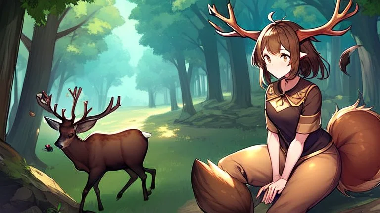 One Girl, forest, sit , deer hoof foot, brown hair,, deer face, deer tail, derr hand