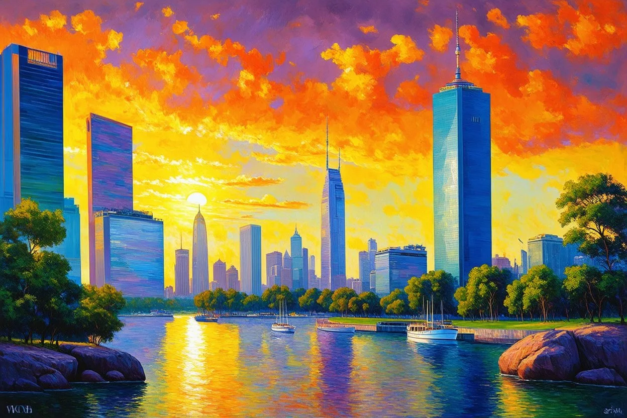 Amazing sunset, buildings, lake, rocks, distant city, trees, sci-fi, claude monet impressionism paintings
