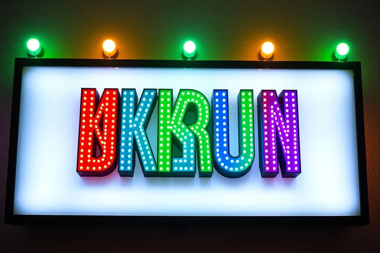 A 1980 disco sign labeled "KUKRUNK" white background and bold multi colored 80s font, miami vice