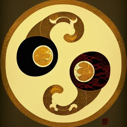 Ukiyo-e styled art, yin and yang sign, mountains and sun