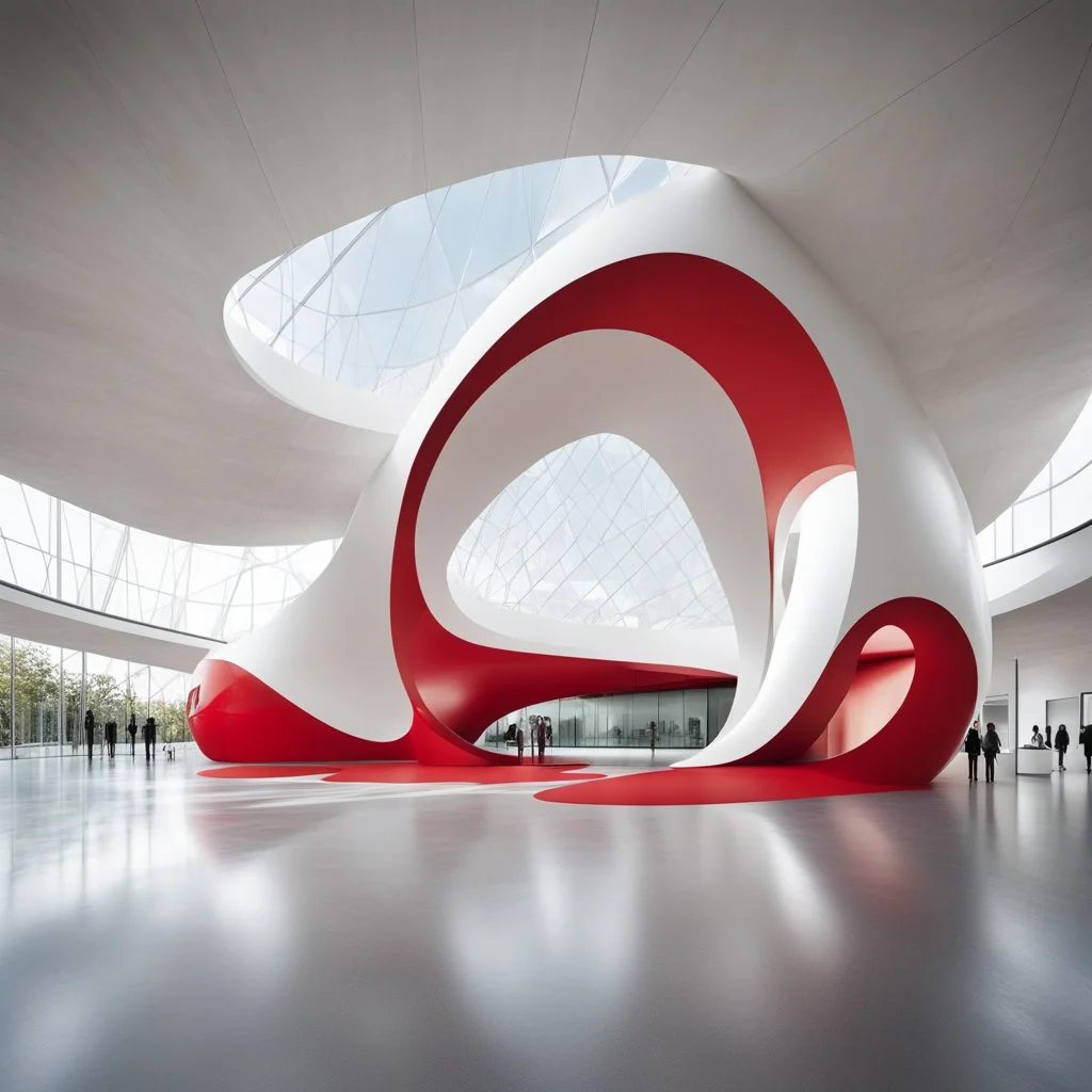 Messe Dornbirn exhibition centre entranceway, Marte.Marte architects, dramatic modernist red asymmetrical elliptical semi-circular framed entrance to a large white art exhibition building, stylish, sleek, flowing biomorphic architecture, by Toyo Ito