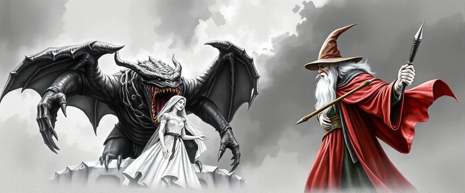 balrog and bride vs gandalf , airbrush and pen outline