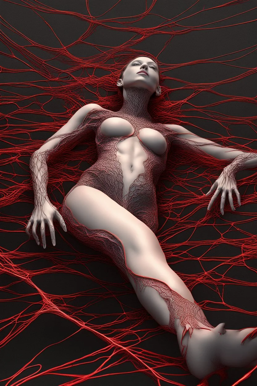 arafed woman laying on the ground with a red net, fractal veins. cyborg, mind-bending digital art, intricate transhuman, cybernetic demon dreaming, fractal veins. dragon cyborg, 3d render digital art, intricate 3 d illustration, intricate artwork. octane render, 3 d neon art of a womens body, digital art render