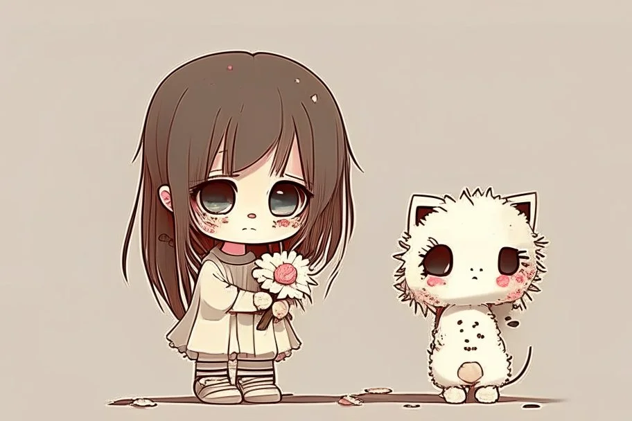 cute sad lonely chibi girl holding a sad flower next to a sad chibi kitten