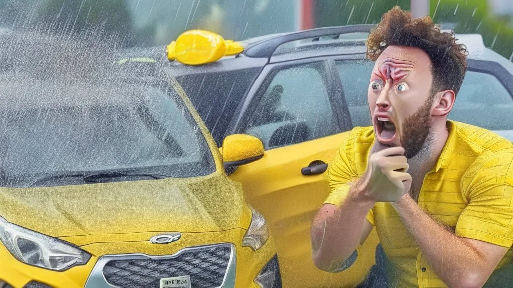 guy in hurricane arguing on phone next to his half lemon half kia sportage