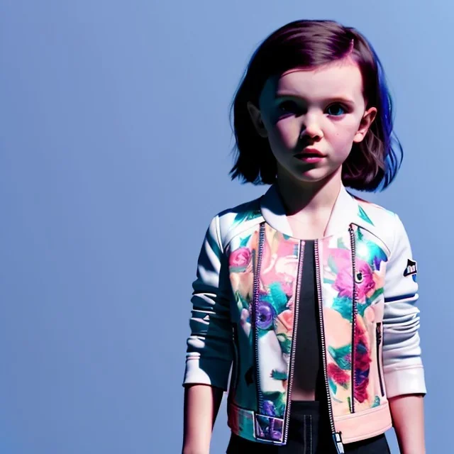 Millie bobby brown toddler, full body, leather jacket, floral shirt, floral skirt, Nike sneaker, soft skin, city background, dramatic lighting, hyper realistic