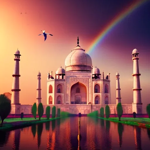 The Taj Mahal, Hindistan, sunset, rainbow sunset, fantasy art, flying birds, springs, waterfall