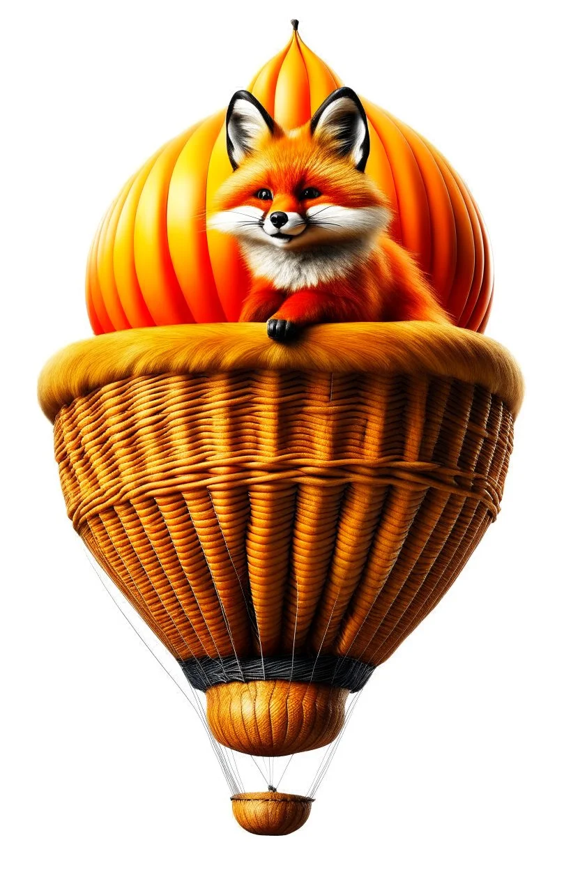 Color illustration of a ultra photo realistic happy red fox sitting inside a detailed wicker basket which is hanging below a perfect round orange colored hot air ballon on a white backgound, the fox is not inside the ballon, you can see the fox's tail, nothing should be hanging from the basket, full image of hot air ballon, every element; fox, wicker basket, ballon should be in proportion to one another, in the background you can see the leaning tower of Piza