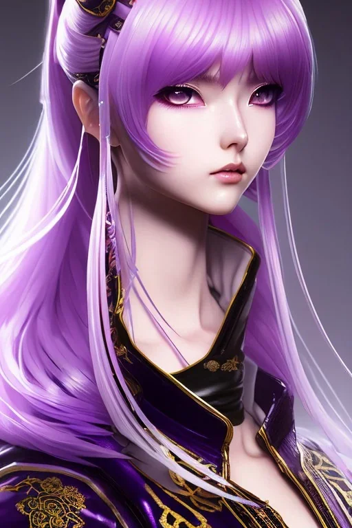 Detailed cute anime Kunoichi girl, purple hair buns, purple bangs, black latex bodysuit, intricate details, full body portrait, keep head in frame, slight smile, black Japanese motif, concept art, highly detailed, digital painting, concept art, sharp focus, illustration, art by Yoji Shinkawa, WLOP and greg rutkowski and alphonse mucha and artgerm and yanjun Chen and Junji ito and Makoto Shinkai, HDR, octane render