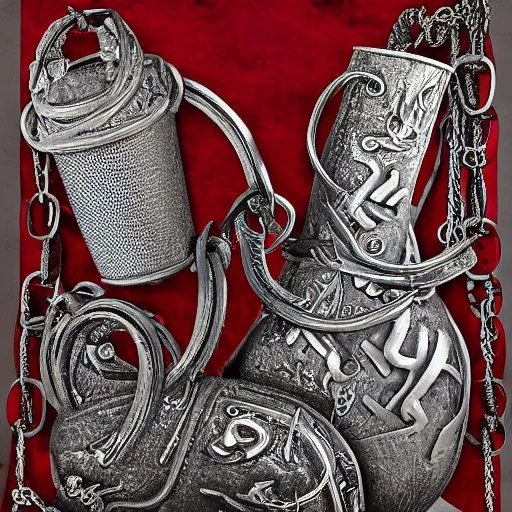 fantasy, digital art, large metal cylinder, object, chains, metallic, dark metal, ruby encrustations, massive, engravings