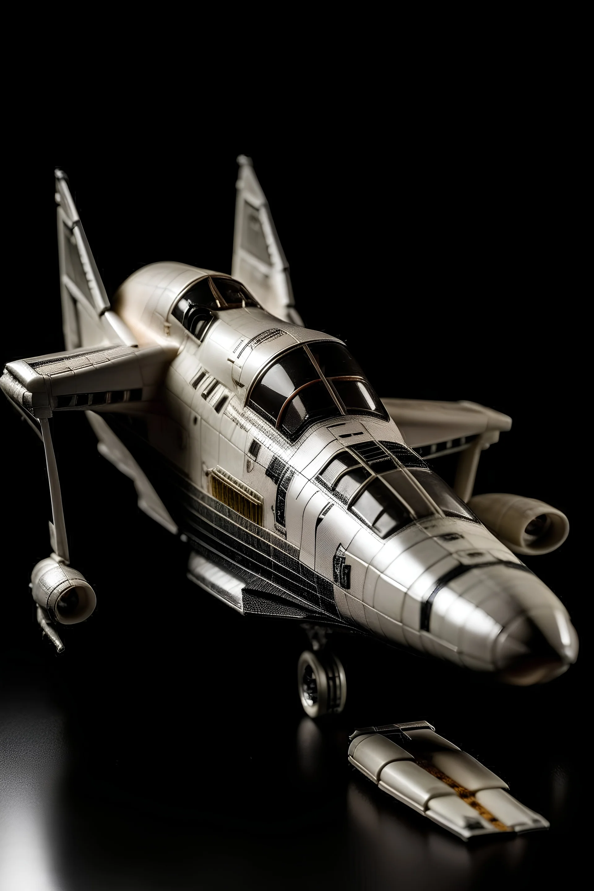 a close up of a model of a space shuttle on a gray surface, space shuttle, detailed spacecraft, top secret space plane, spacecraft, science fiction spacecraft, detailed spaceship, legendary space ship, piloting a small space shuttle, space ship, space ship in space, extremely detailed frontal angle, spaceship, high detail shot, ancient space ship, space craft