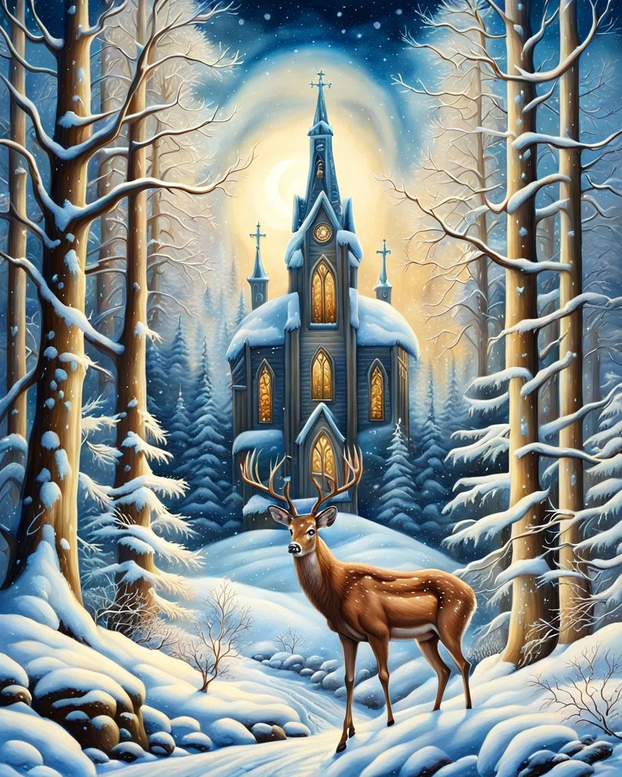 painting of a deer in a snowy forest with a church in the background, winter scene fantasy, cosy enchanted scene, beautiful depiction, inspired by Terry Redlin, magical scene, snowy winter scene, winter scene, winter painting, by Cindy Wright, beautiful detail, in a snowy forest setting, by Doris Blair, wintery scene, amazing detail, warm, stunning artwork, vintage, nostalgic style