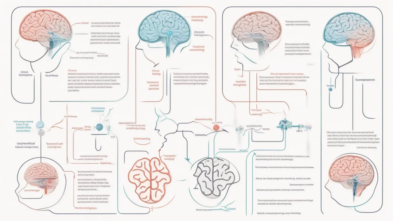 "The attached image illustrates the process of human thinking, with a simplified representation of the brain and neural cells interconnected with the concepts of thinking and decision-making. This image reflects the concept of the mental process and the role of the brain in it."