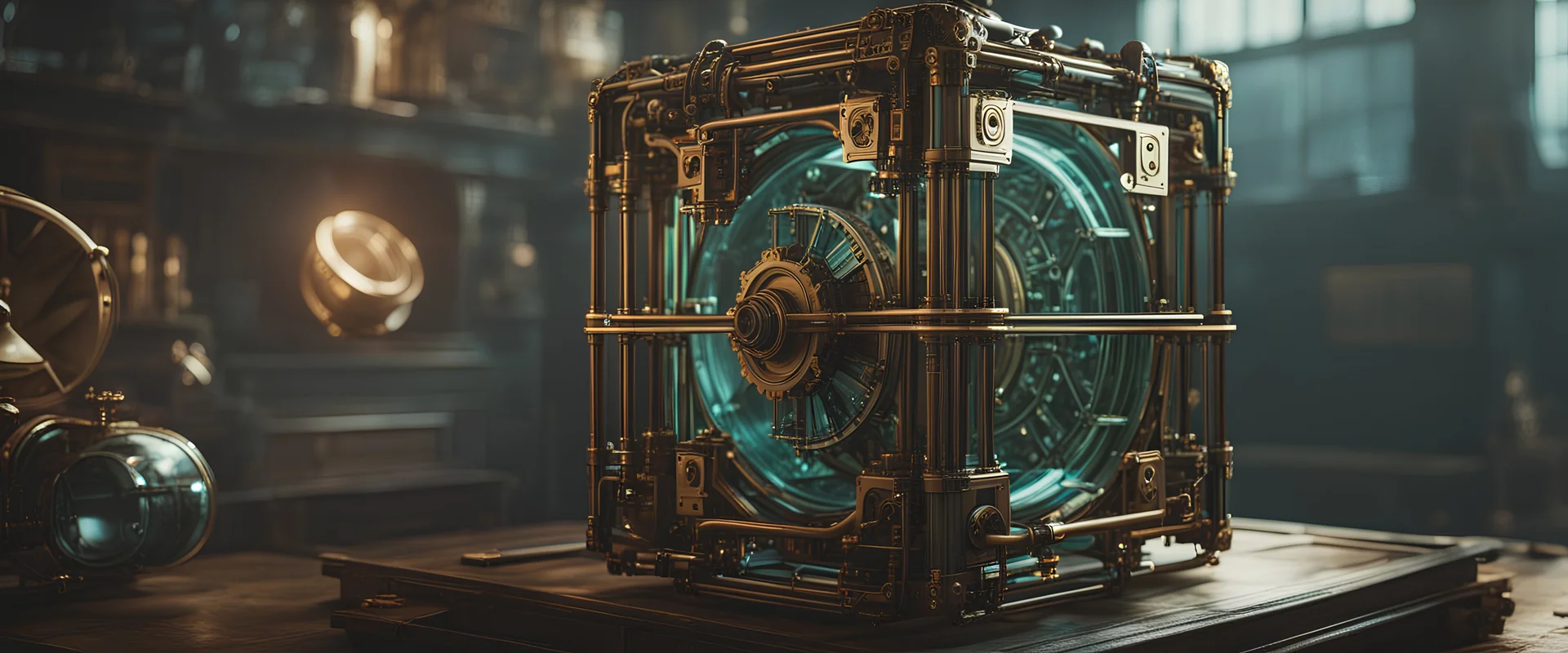 High-end state-of-the-art STEAMPUNK aesthetics tesseract four-dimensional hypercube, supreme cinematic-quality photography, sage green blue metallic fluid, Vintage style with Octane Render 3D technology,hyperrealism photography, (UHD) with high-quality cinematic character render,Insanely detailed close-ups capturing beautiful complexity,Hyperdetailed,Intricate,8K,Hyperrealism craftwork