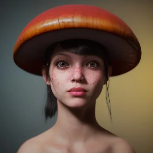 Mushroom head girl unreal 5, octane render, cinema4d, redshift render, hyper realistic, cenematic, vibrancy, synthwave, retouch, centered, dynamic lighting, dramatic lighting, 4k, highly detailed, attractive beautiful, realistic, epic composition, holographic,