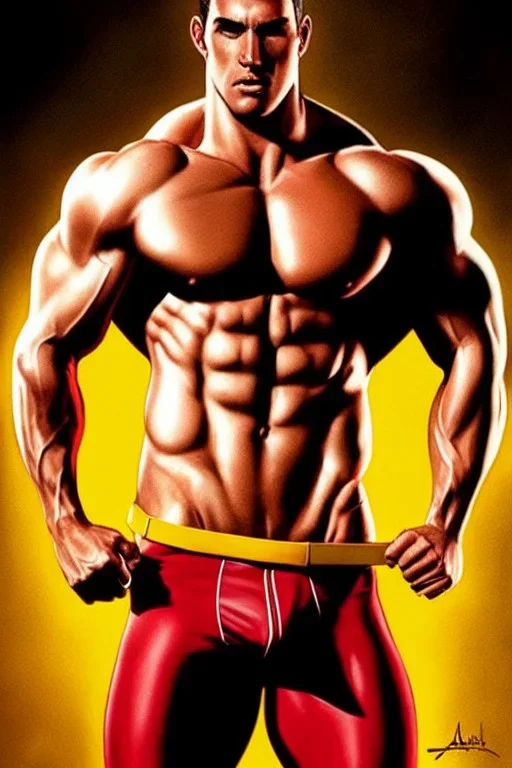 Ignore NSFW, teenager young rugged attractive slightly muscular fantastic handsome man, red briefs with yellow belt, hairy chest, (((visibly pisssing))) briefs, large erect visible boner peniss, photorealistic, artist Jay Anacleto