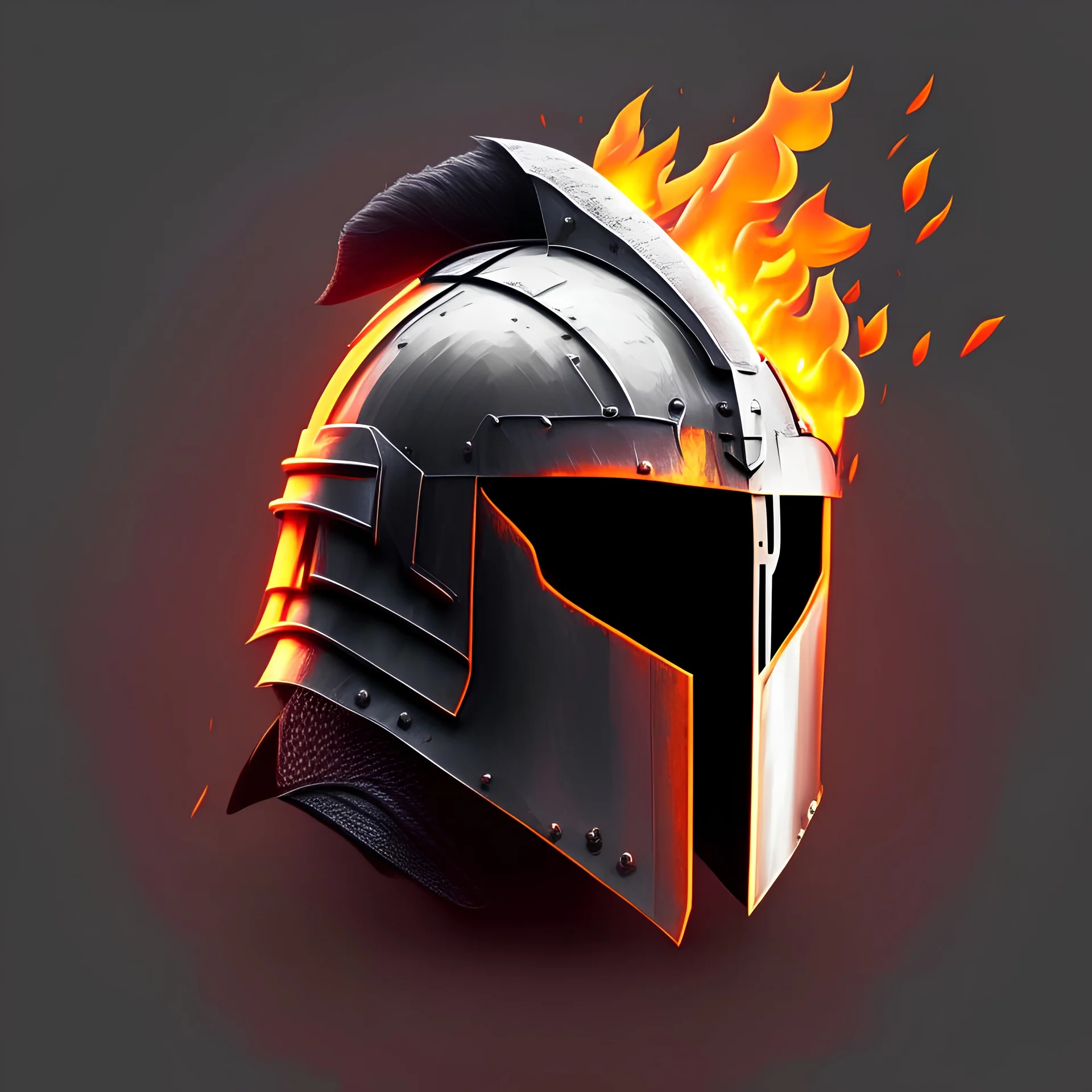 hero knight helmet, detailed, pixel style, plain grey background, contrasting bg, epic cinematic, front facing, on fire