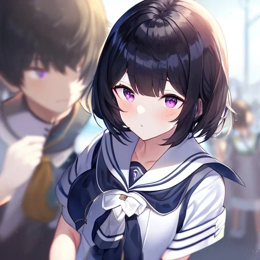 Clear focus,High resolution, Black short fluffy hair, and purple eyes, wearing a sailor uniform, must wear a short skirt,mad pose