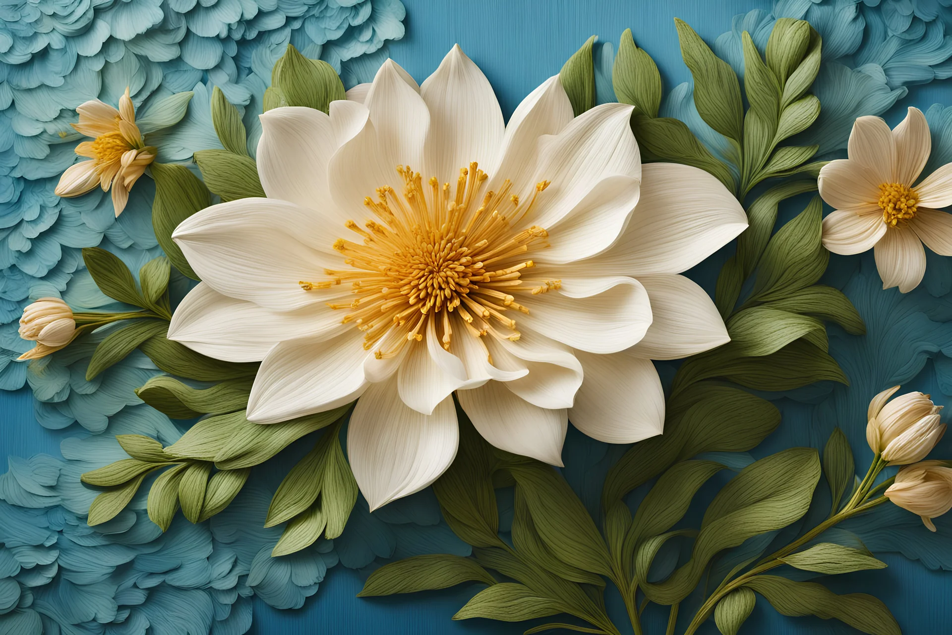 A lifelike thick wood flower blooms amidst a serene ocean meadow, its intricately woven petals and stem radiating realism and rich detail.