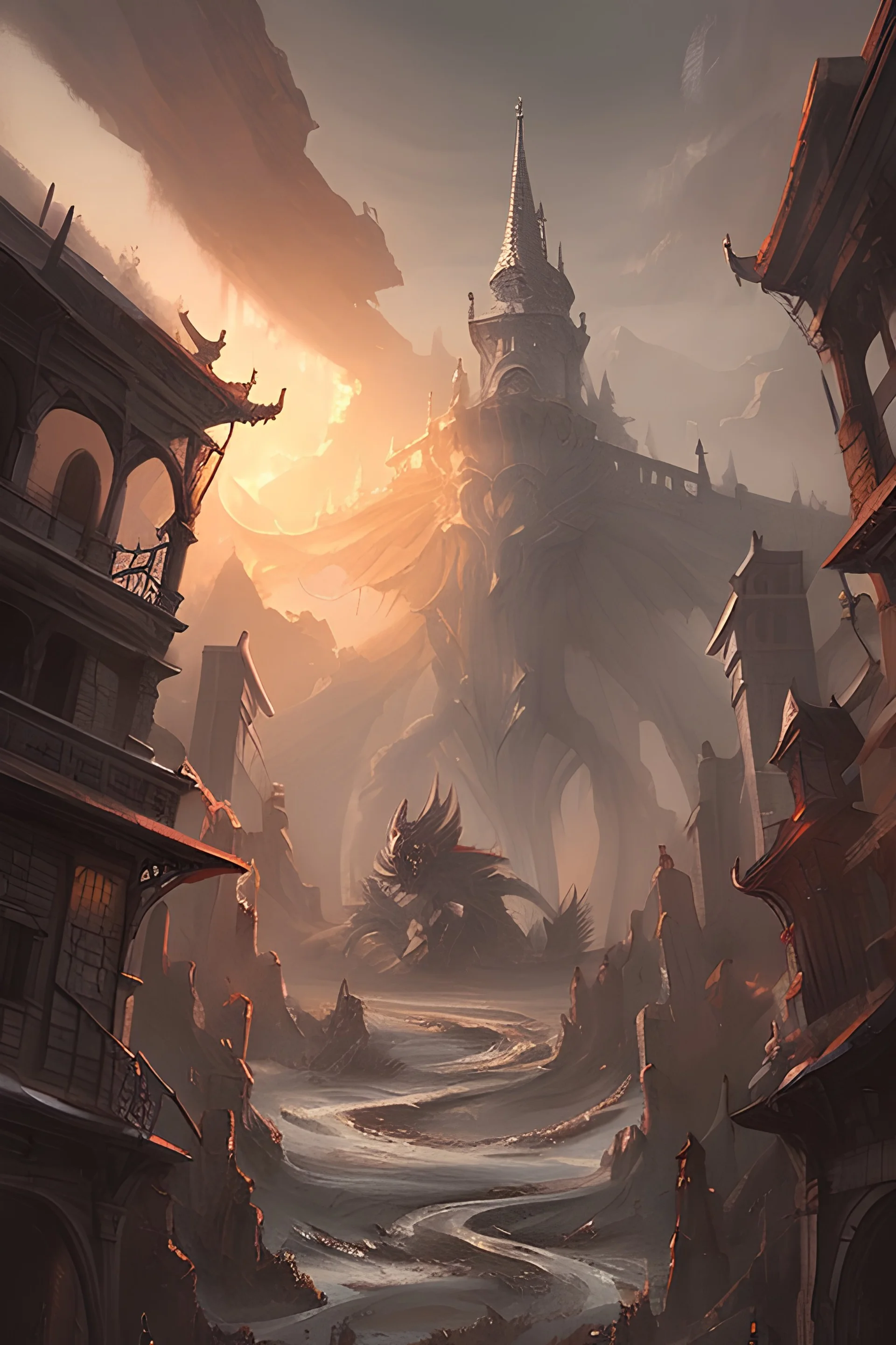 ghost old city art with fantasy beings and searpents and dragons