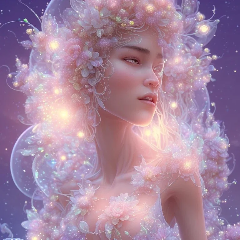 one big crystal subtle flower in a galactic ambiance with a beautiful girl fairy, transparent petals, delicate colors, in the foreground, full of details, smooth，soft, shine light atmosphere, light effect，vaporwave colorful, concept art, smooth, extremely sharp detail, finely tuned detail, ultra high 3d depth, definition, 8 k, unreal engine 5, ultra sharp focus