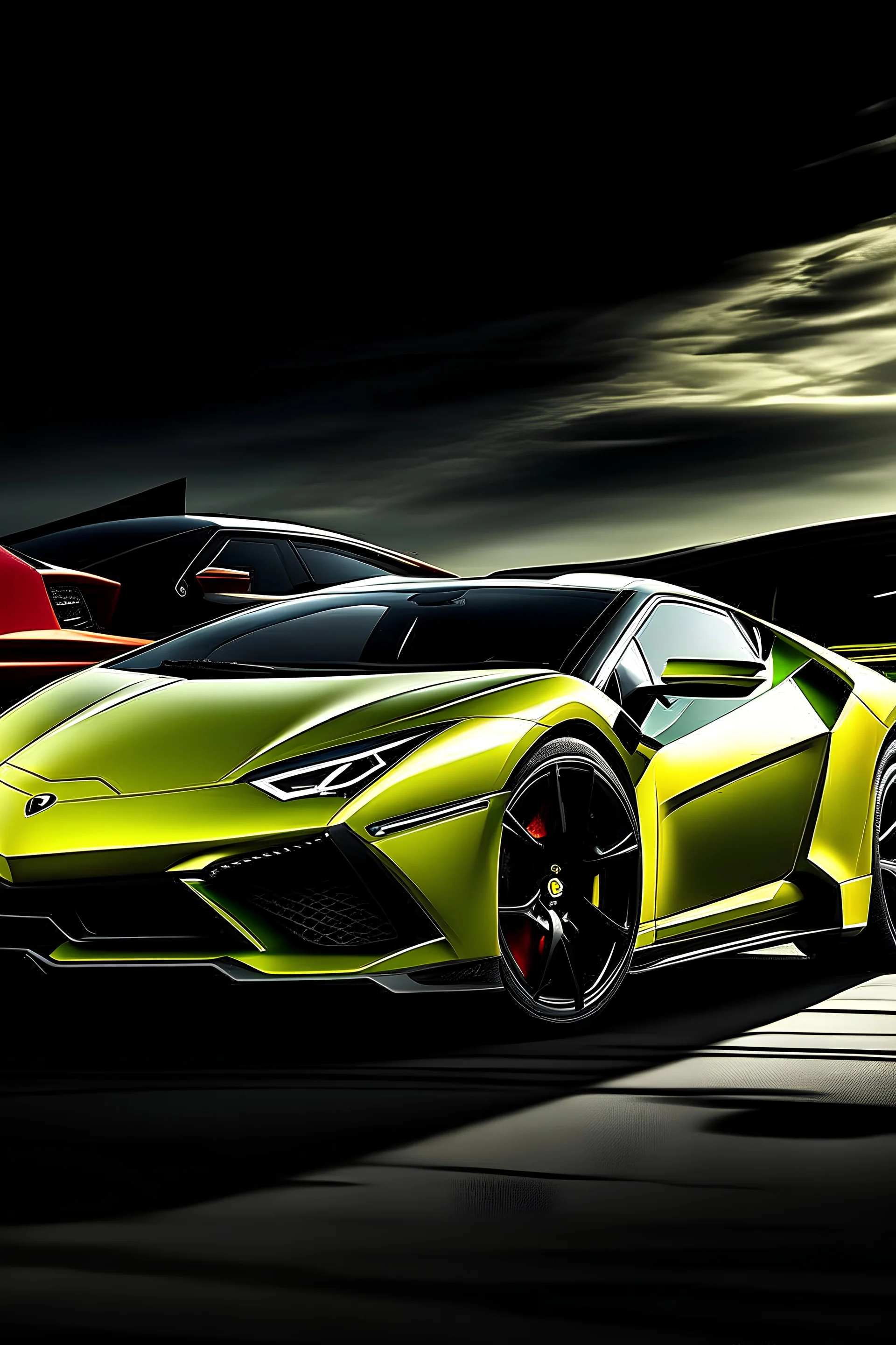 A sleek (((Lamborghini))) with its iconic profile and cutting-edge design juxtaposed against a powerful (((Dodge Charger))), featuring a bold grille and muscular contours