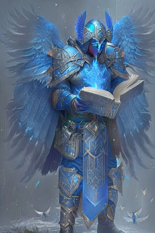 a person in runic armor with blue wings and spell book