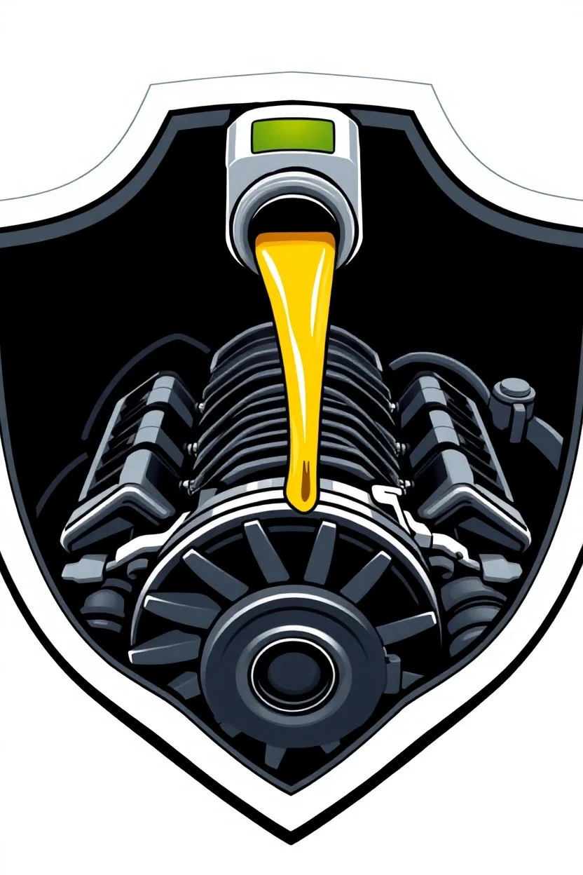 inside a parks shield shape, front of a car engine icon with fan and belts, with a 1litre oil bottle above pouring oil into oil hole of the engine, vector illustration