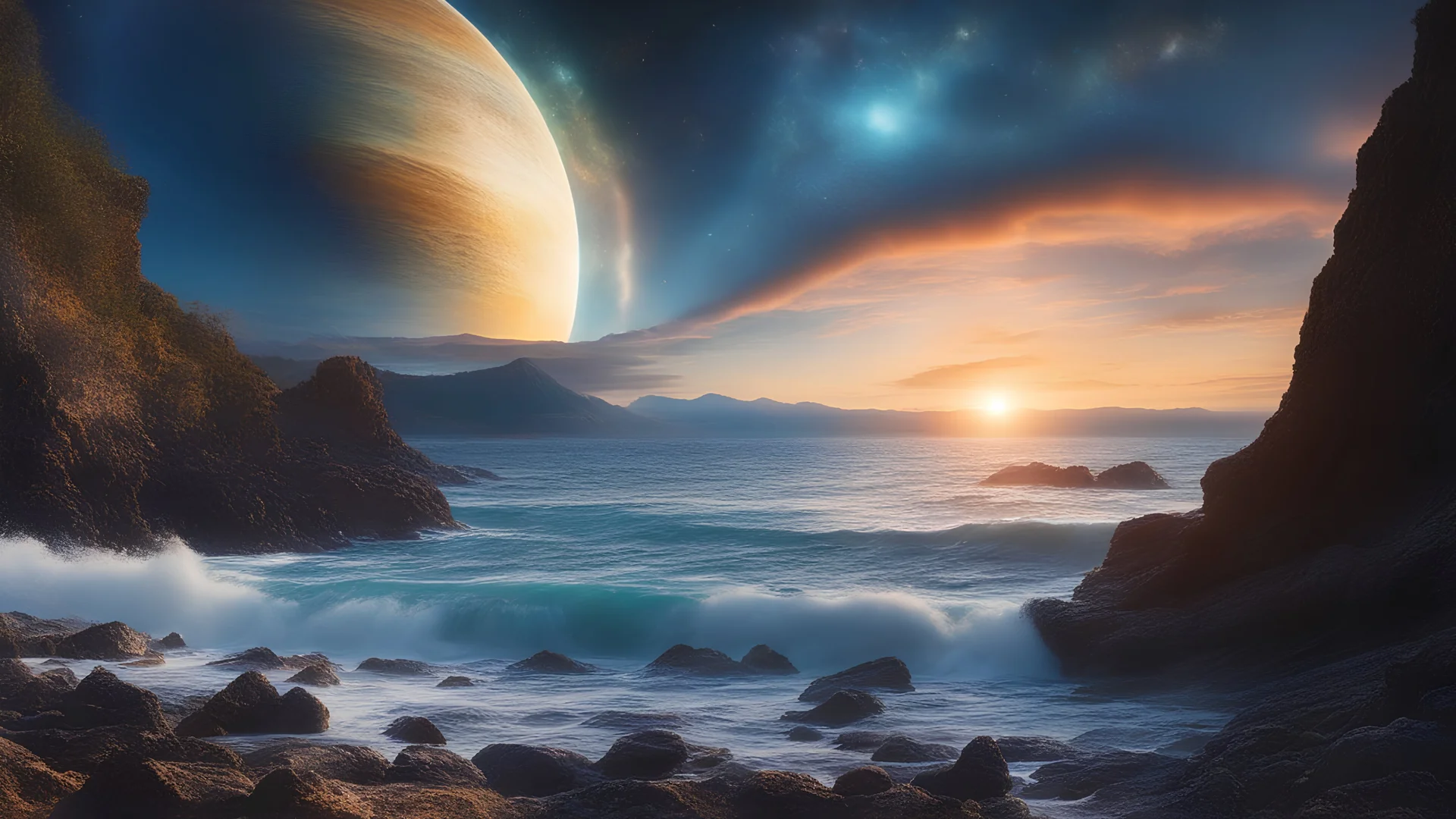 ocean on extraterrestrial planet, mountains, billions of stars in the sky, waves of beautiful light, different reality, enlightenment, wisdom, eternity, 4 dimensions