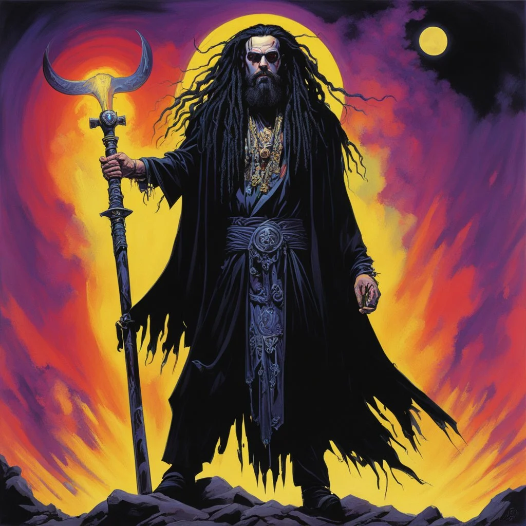 Art by Steve Rude: Singer Rob Zombie with black dreads and black wild beard as a fantasy necromancer holding a glowing black ram staff and wearing black magic robes