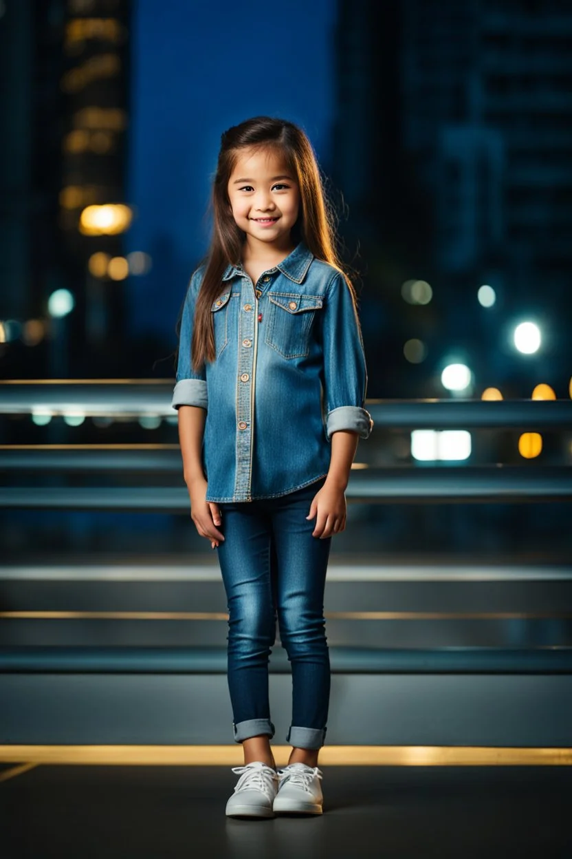 Little 6 years old beautiful girl perfect face,1girl wearing a pretty shirt and jean pant, standing pose,modern city ,night view