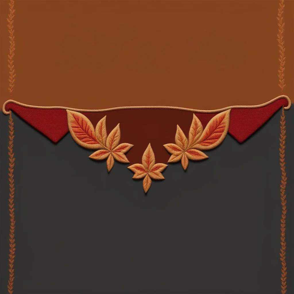 an autumn colored textured cloth embroidered ornamental leaves and cattle, pointed bottom, on dark background, embroidered text across top, Canadian western cowboy style