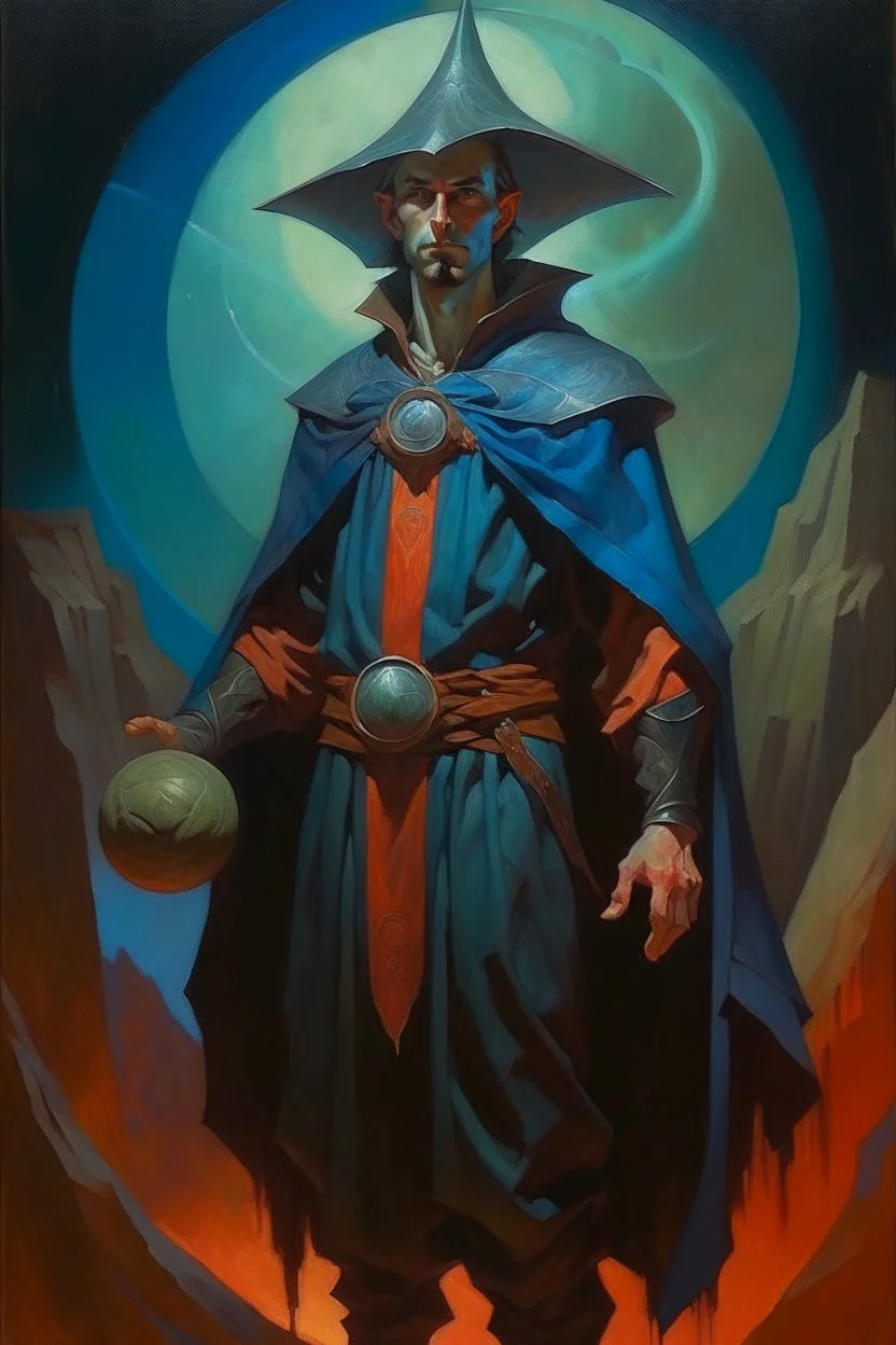 1970's dark fantasy cover dnd style oil painting of a mage hero with sport outfits with minimalist far perspective. Magazine.