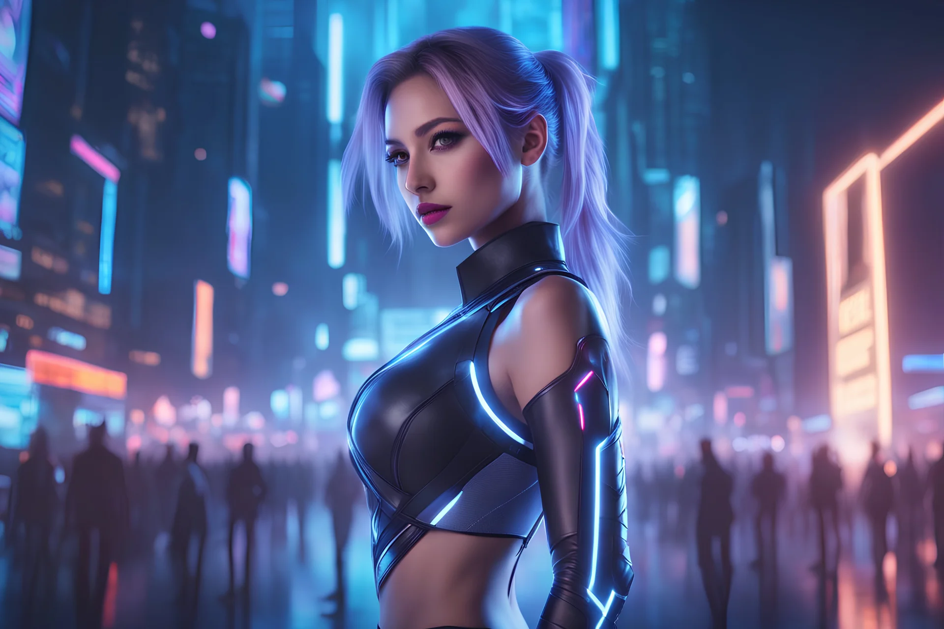 portrait realistic cyber girl half dressed appealing, nightlife costume, she is using high-tech screen, futuristic uplifting mood and motivation theme, science fiction, spectacular landscape spring season in cyberpunk city, incredibly beautiful in the cyber-city street, stunning intricate meticulously detailed dramatic digital illustration volumetric lighting, 200 megapixels 8K resolution, back-lit soft lights, photo-realistic arts, realistic photography, neon colo