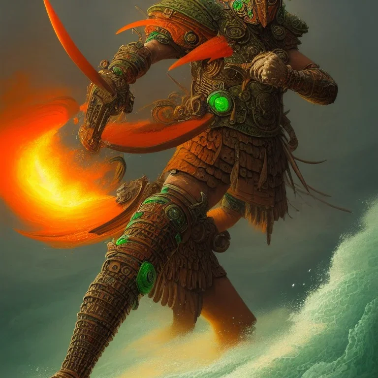 an ibis warrior in orange and green full battle armor, a highly detailed illustration, background of giant crashing ocean waves, realistic render, 8 k, micro detail, intricate, elegant, centered, digital painting, Artstation, smooth, sharp focus, illustration, artgerm, tomasz alen kopera, peter mohrbacher, donato giancola, joseph christian leyendecker, wlop, boris vallejo