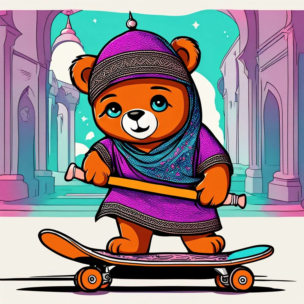 A plush cute bear that skateboards. Graffiti effect on the background. Color drawing.A cat wearing an Arab dress and carrying a Mesaharati drum in Ramadan