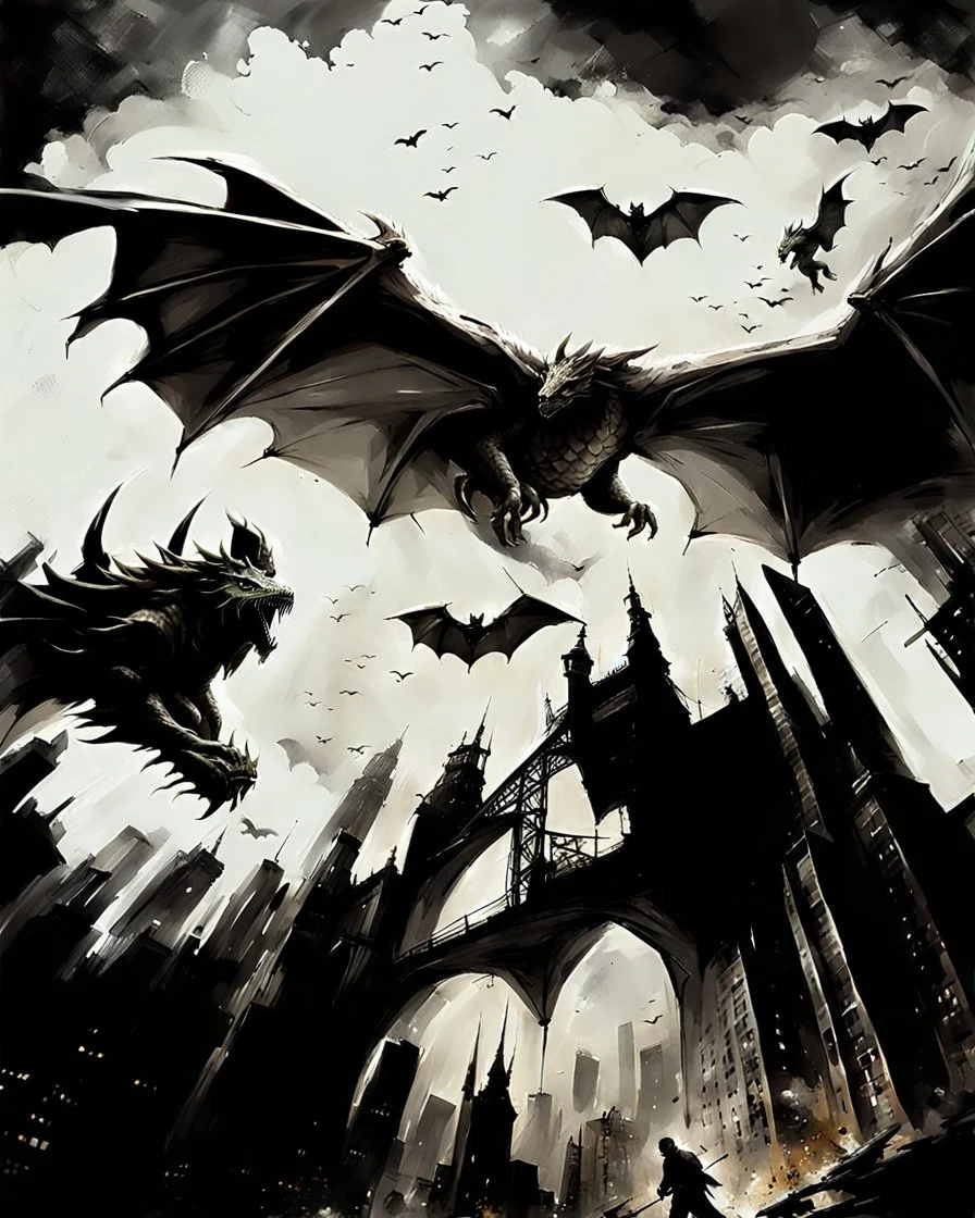 sketch-style painting high quality of a dragon art by Yoji Shinkawa and Valeria Burzo large bats in the background destroyed city budlings babies' in heaven