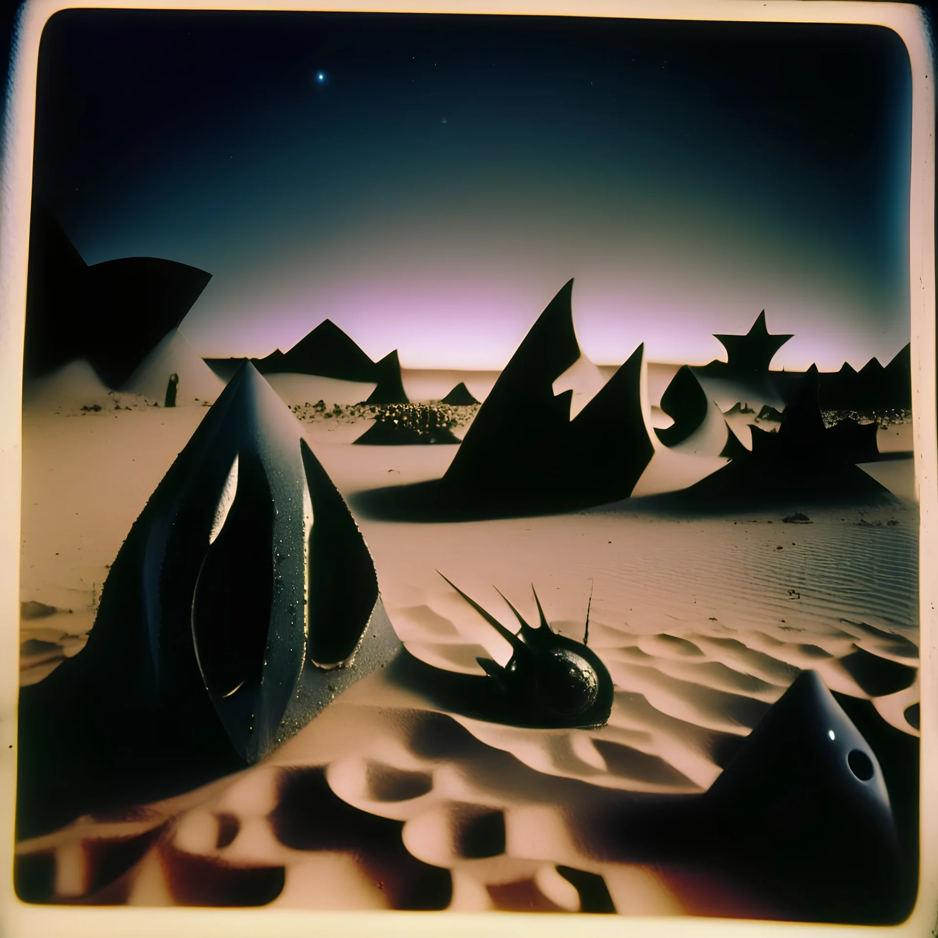 Polaroid close-up photo of odd shapes scattered over an arid wasteland, very spooky, night, intricate, Yves Tanguy, thoughtful, interesting, a bit appalling, smooth