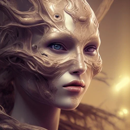 biomorphic girl mask with lighting, panoramic, colours, 3D-rendering, foto-realistic,TG, 8k, art by HR Giger.