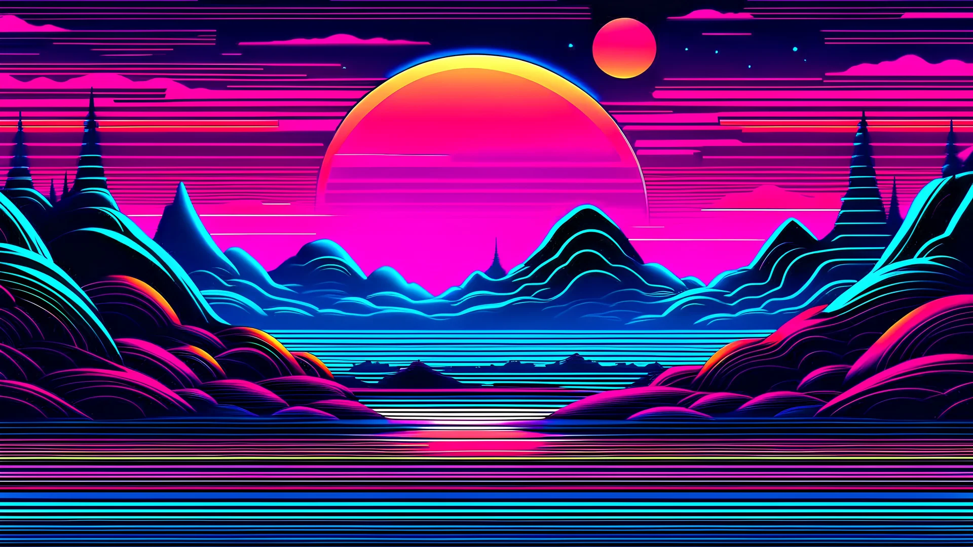 A vector graphic of a synthwave landscape