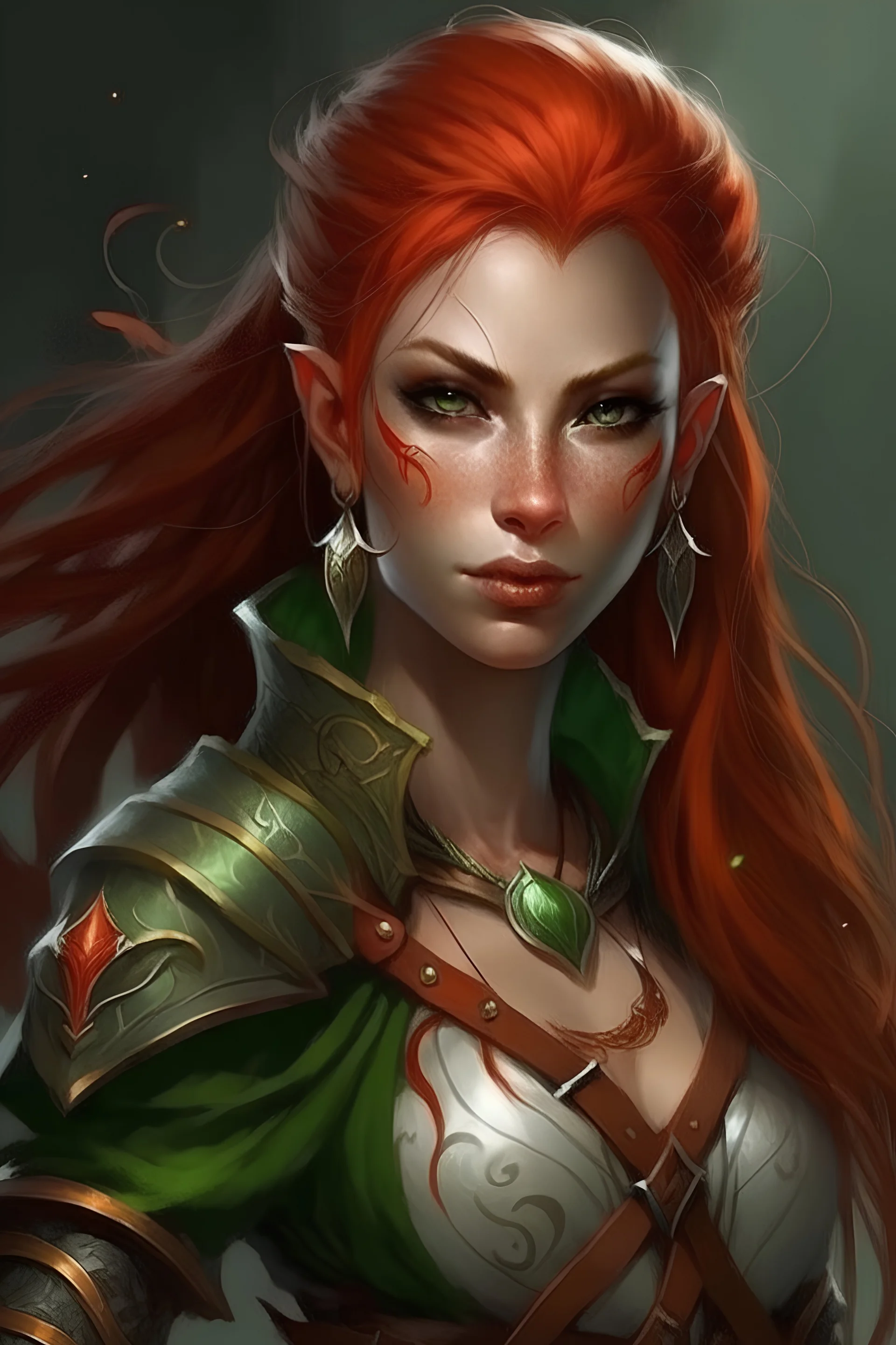 Leonora. Fighter class elf woman with red hair. Beautiful