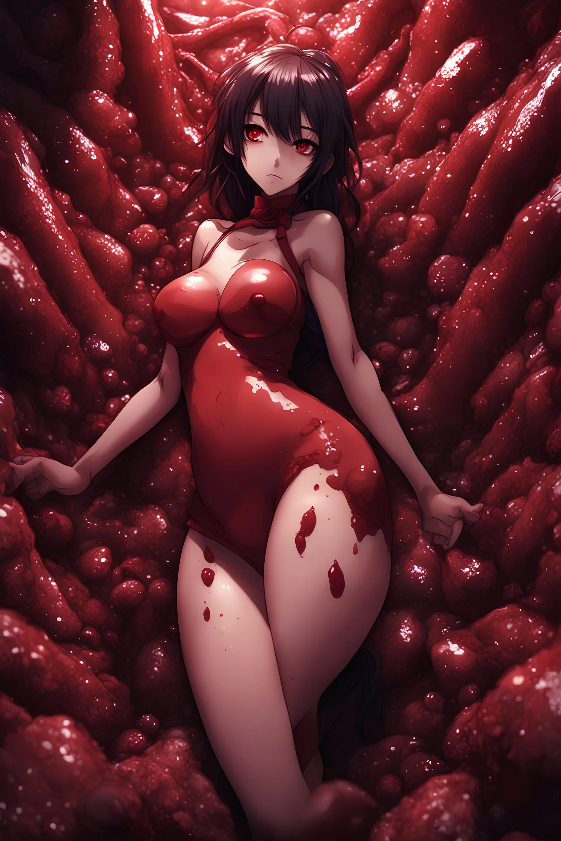 Anime girl crushed inside claustrophobic really red fleshy stomach filled with digestive juices, fullbody, intricate, darkred tones, macro photography,