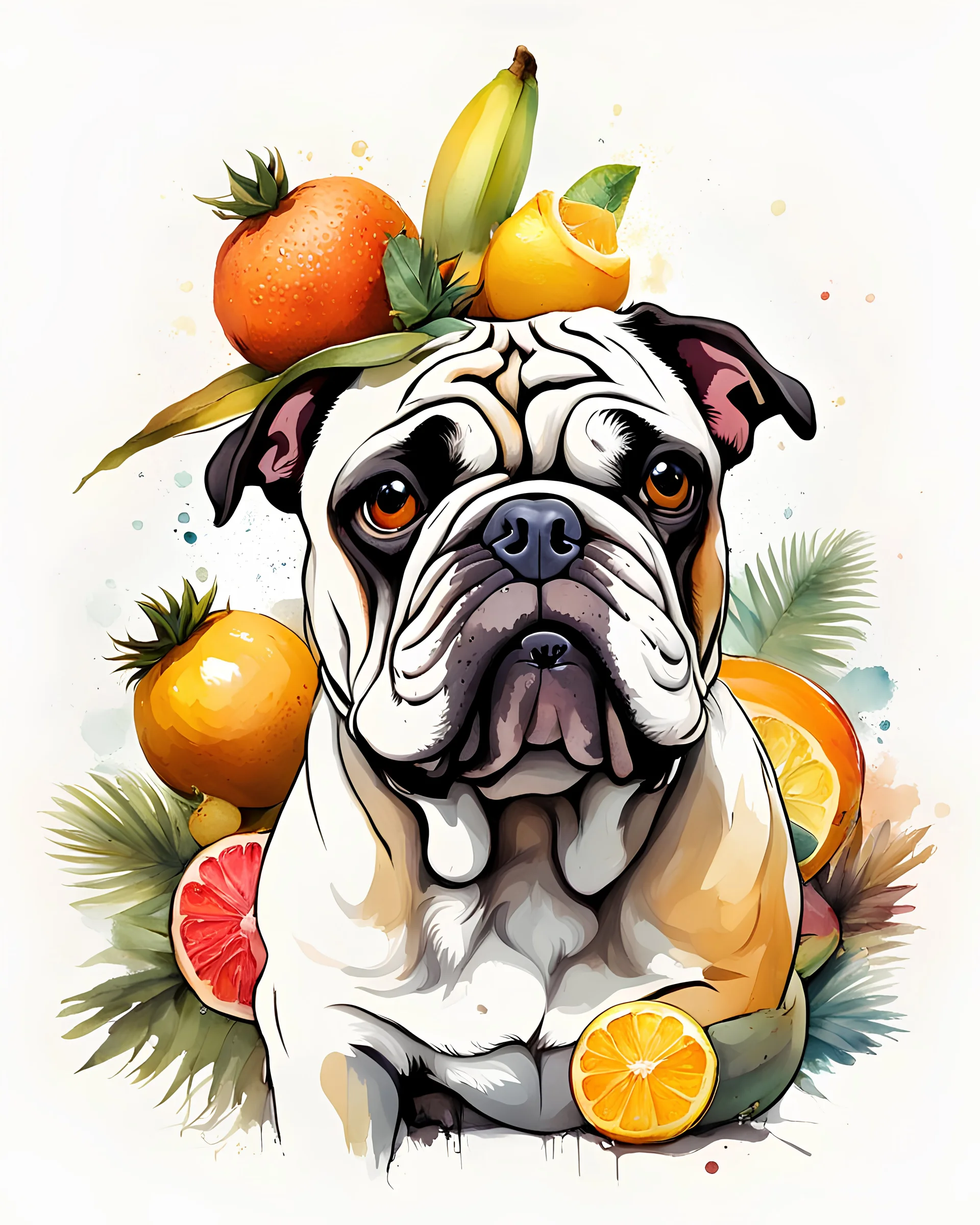 create an ethereal, illustration of a divine cartoon bulldog with soft facial features and a seductive look on a plain white background surrounding bulldog, in the style of Ralph Steadman, with a headpiece of tropical fruits, bananas, pineapples, citrus, cream, orange,painted in a faded colors,